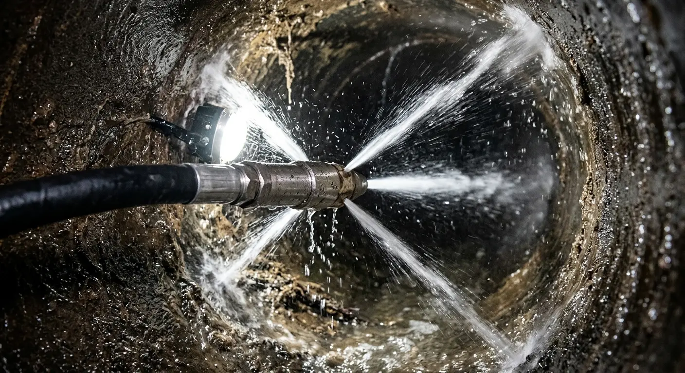 High-pressure hydro jetting nozzle cleaning sewer pipe for Sewer Cleanout in West Plains