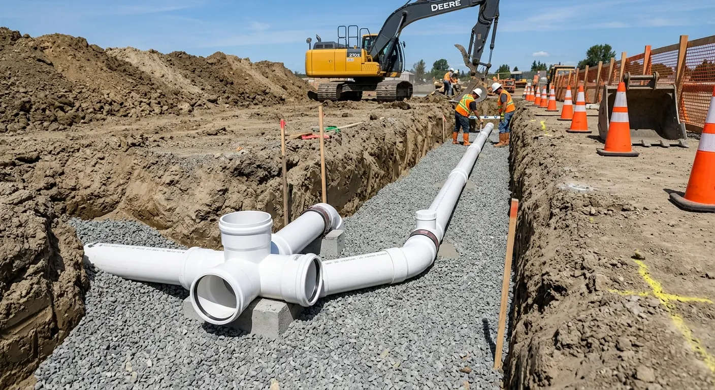 New PVC sewer pipe installation in open trench for Sewer Camera Inspection in West Plains