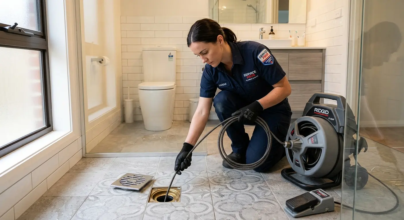 Technician clearing a bathroom floor drain for Hydro Jetting in West Plains